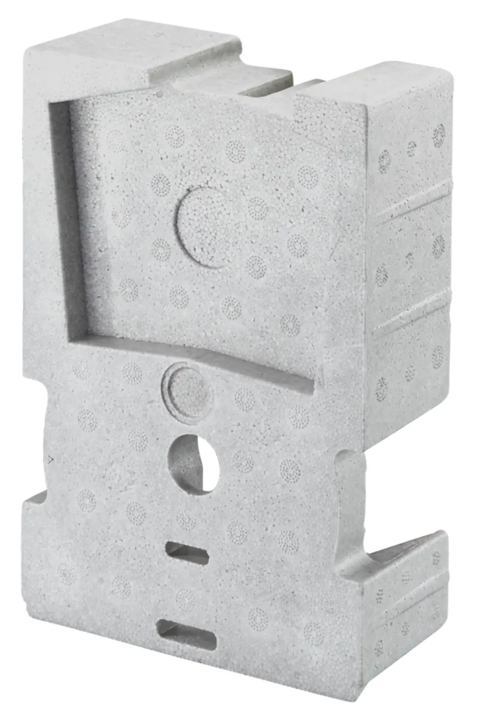 OVENTROP Ventilisolierung für Uniboxen, graues, würfelförmiges Isolierelement mit Aussparungen und runden Vertiefungen.